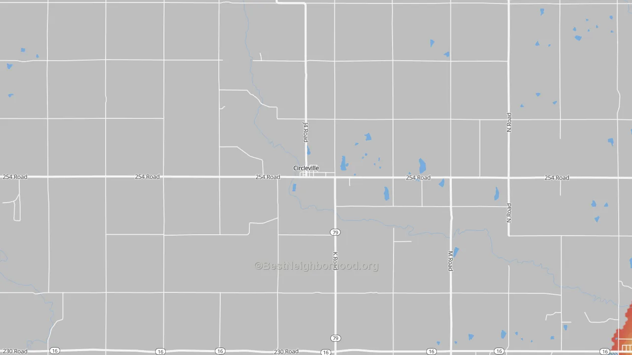 Walk Grade map of Circleville, KS, walkable areas in green and car-dependent areas in red