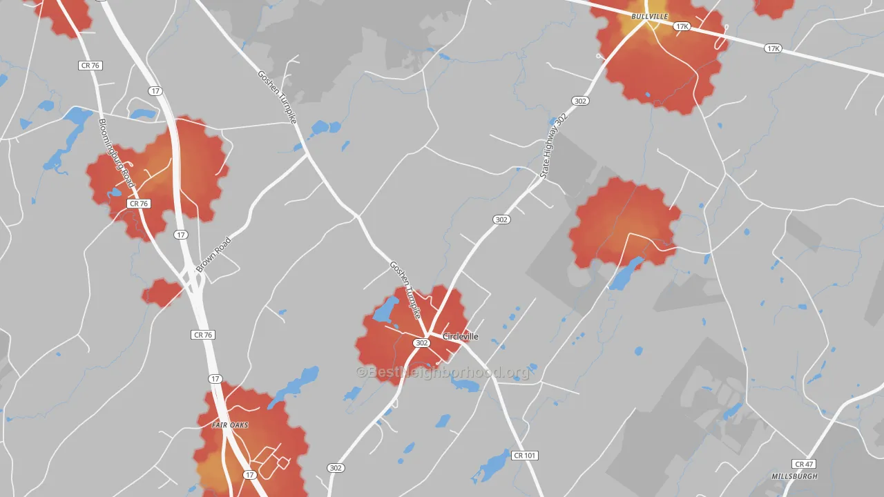 Walk Grade map of Circleville, NY, walkable areas in green and car-dependent areas in red