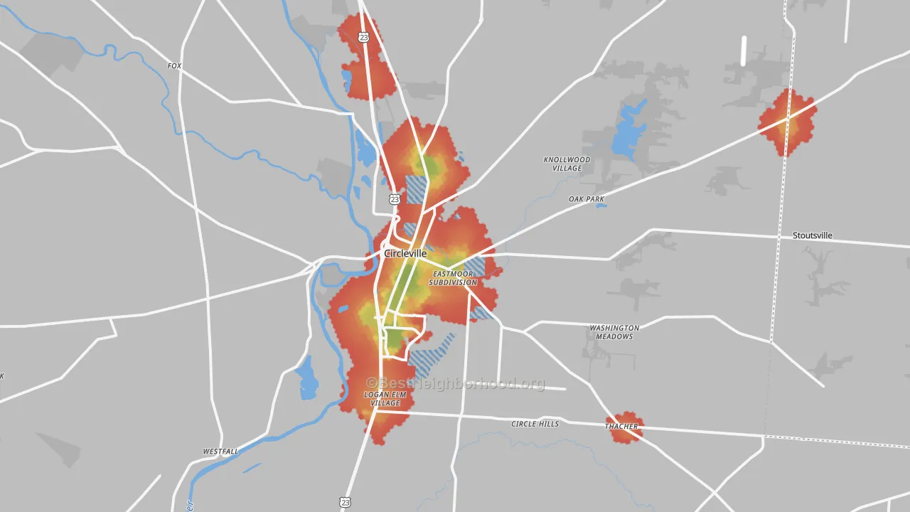 Walk Grade map of Circleville, OH, walkable areas in green and car-dependent areas in red