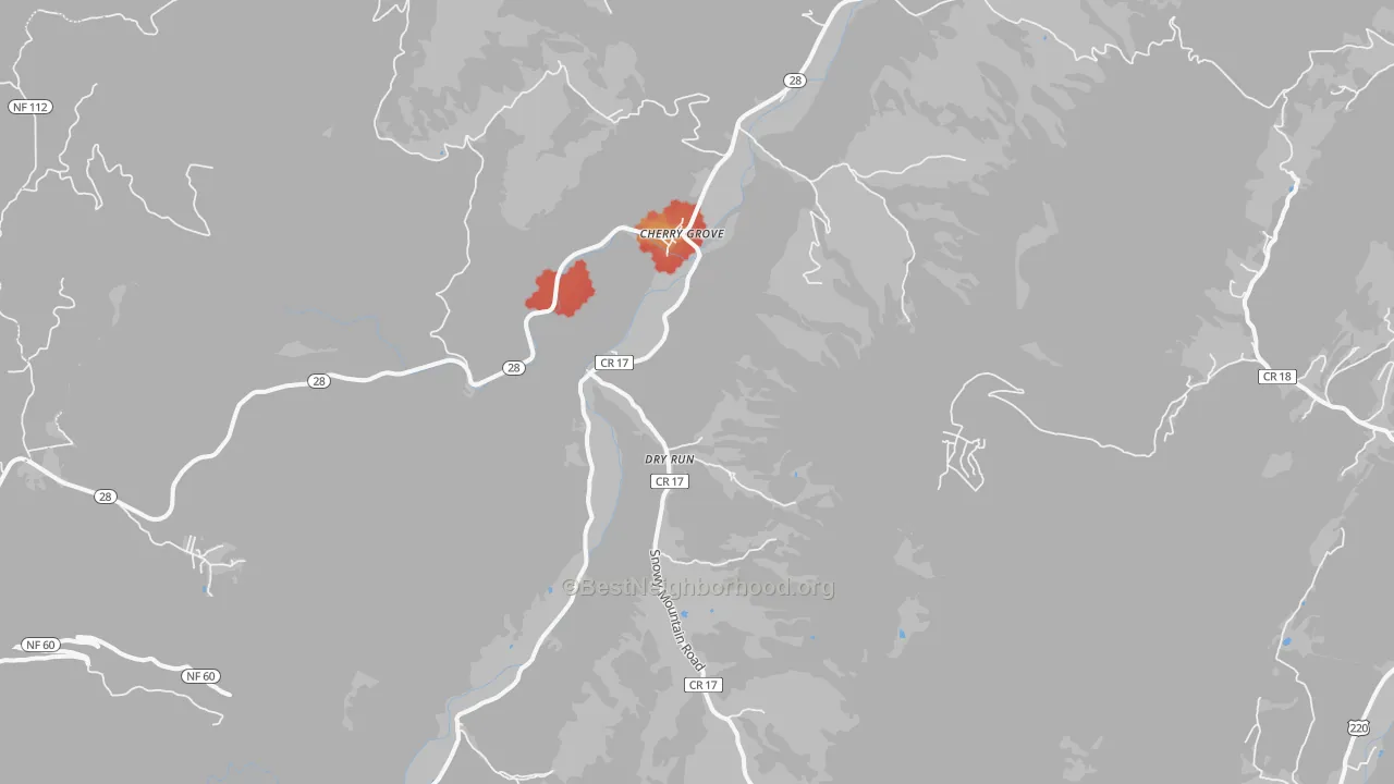 Walk Grade map of Circleville, WV, walkable areas in green and car-dependent areas in red