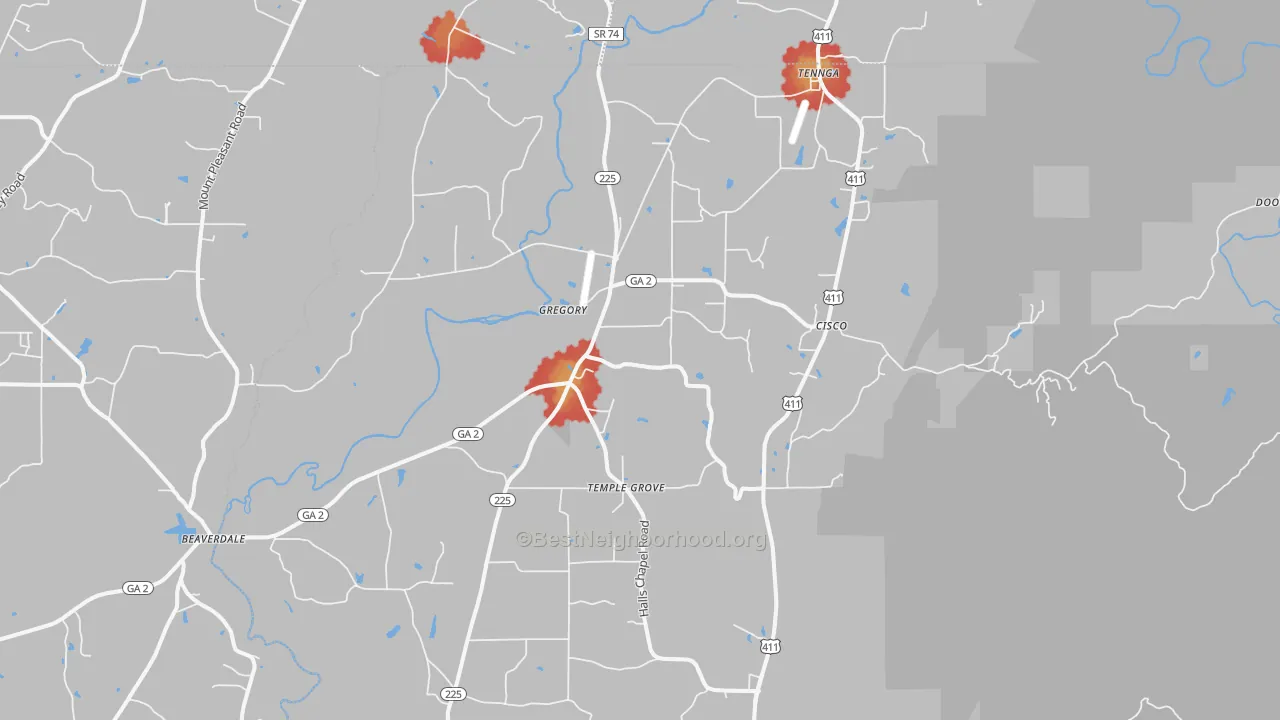 Walk Grade map of Cisco, GA, walkable areas in green and car-dependent areas in red