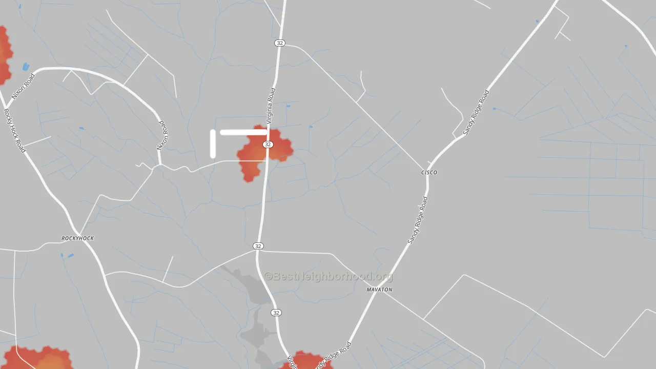Walk Grade map of Cisco, NC, walkable areas in green and car-dependent areas in red