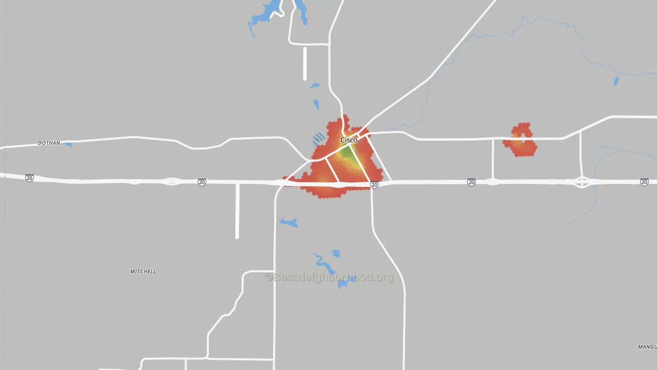 Walk Grade map of Cisco, TX, walkable areas in green and car-dependent areas in red
