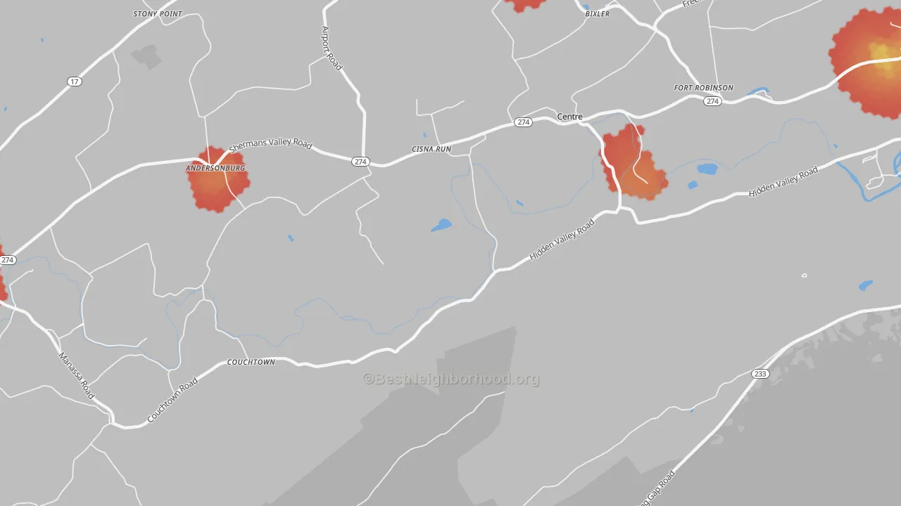 Walk Grade map of Cisna Run, PA, walkable areas in green and car-dependent areas in red
