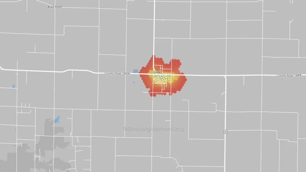 Walk Grade map of Cisne, IL, walkable areas in green and car-dependent areas in red