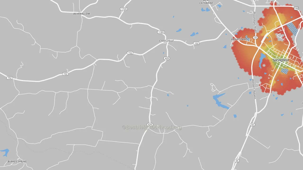Walk Grade map of Cisselville, KY, walkable areas in green and car-dependent areas in red