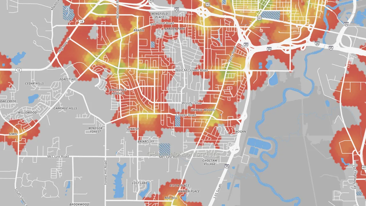 Walk Grade map of Citizens Southwest, Jackson, MS, walkable areas in green and car-dependent areas in red