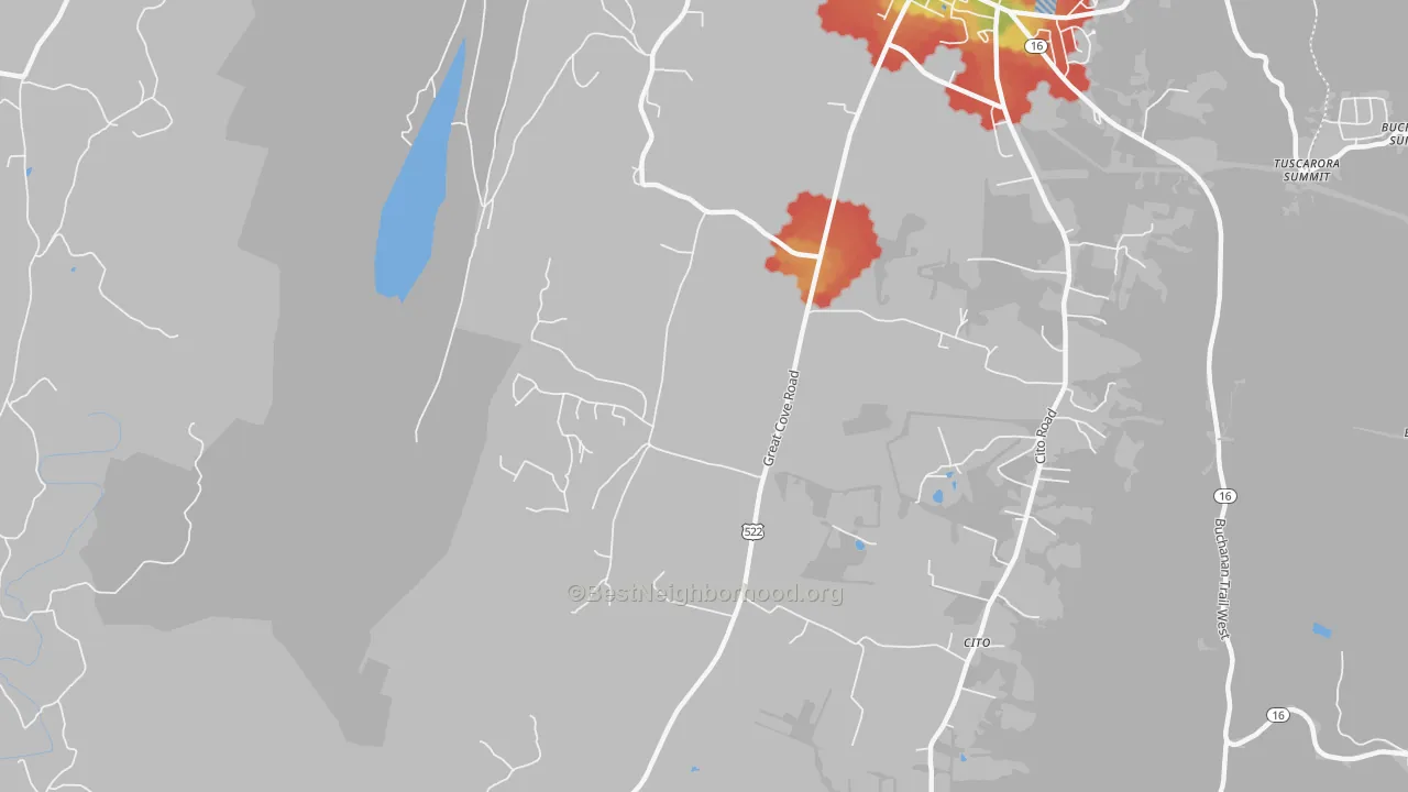 Walk Grade map of Cito, PA, walkable areas in green and car-dependent areas in red