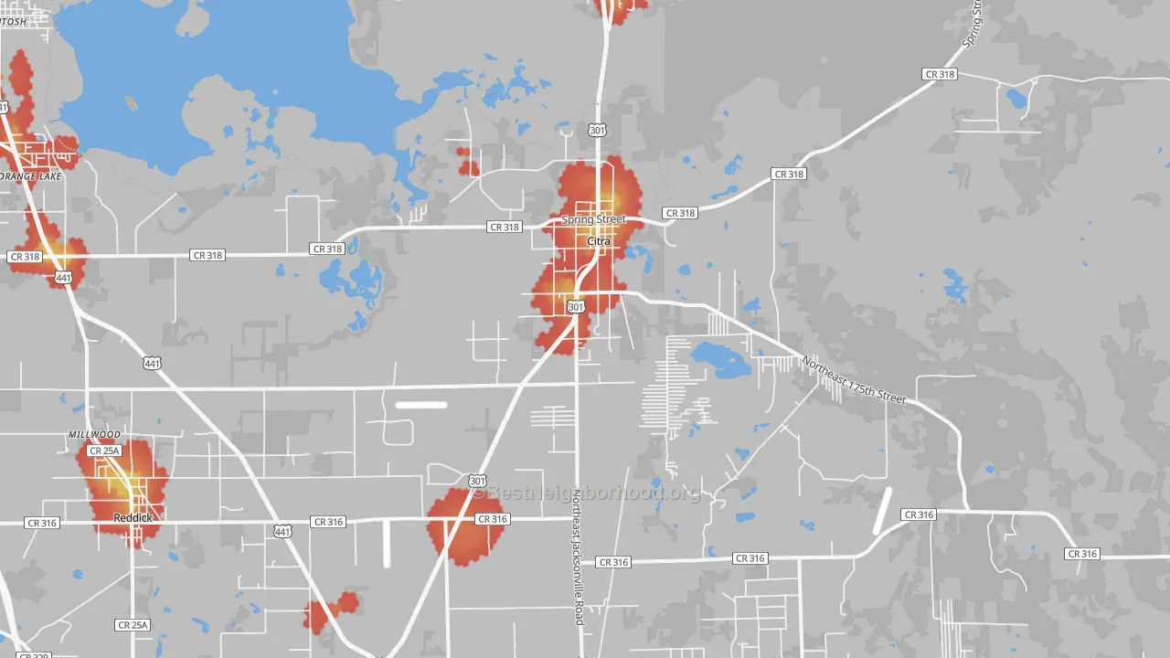 Walk Grade map of Citra, FL, walkable areas in green and car-dependent areas in red
