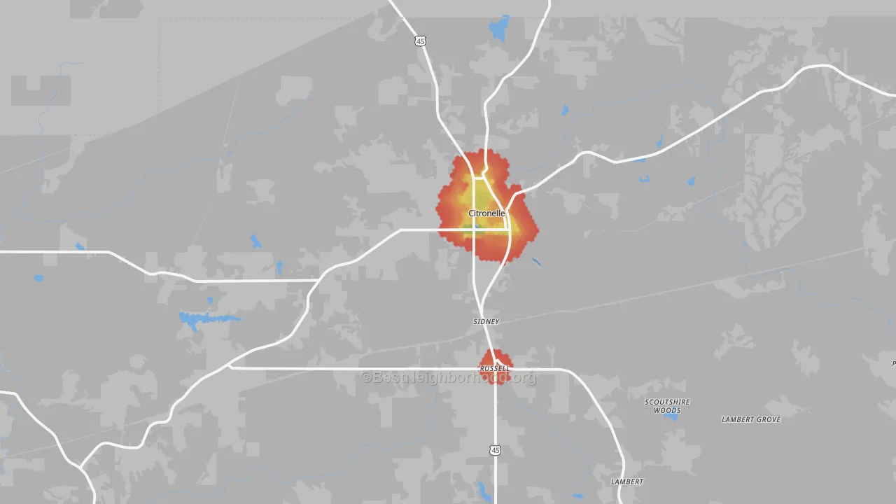 Walk Grade map of Citronelle, AL, walkable areas in green and car-dependent areas in red