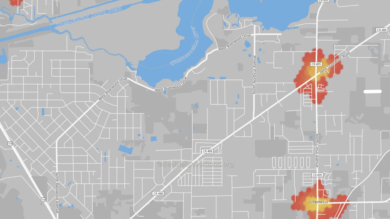 Walk Grade map of Citronelle, FL, walkable areas in green and car-dependent areas in red