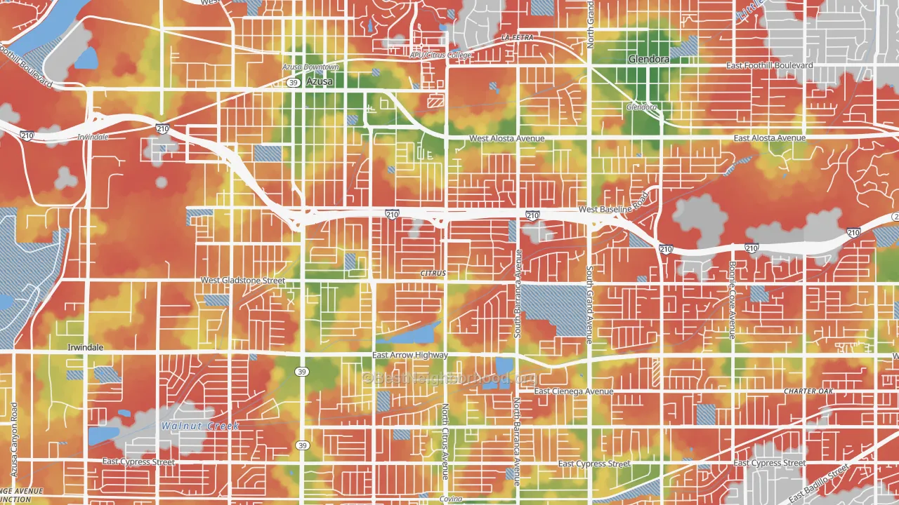 Walk Grade map of Citrus, CA, walkable areas in green and car-dependent areas in red