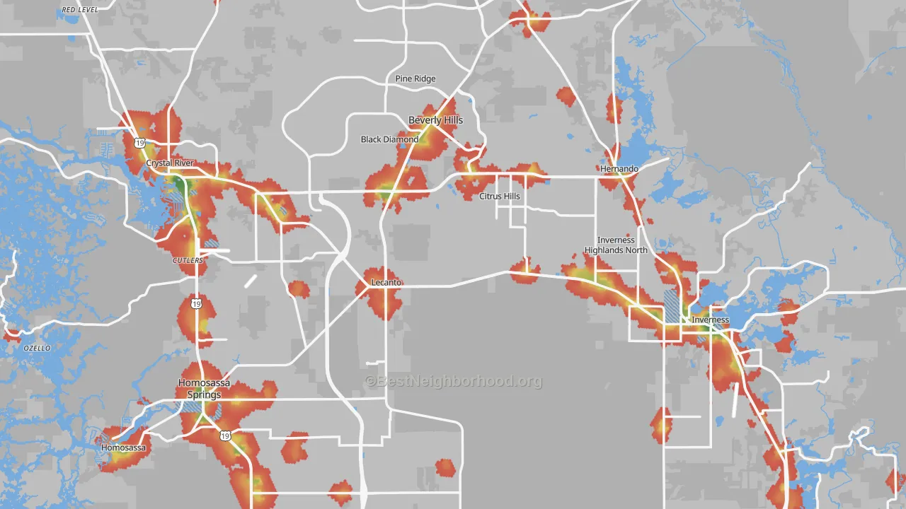 Walk Grade map of Citrus County, FL, walkable areas in green and car-dependent areas in red
