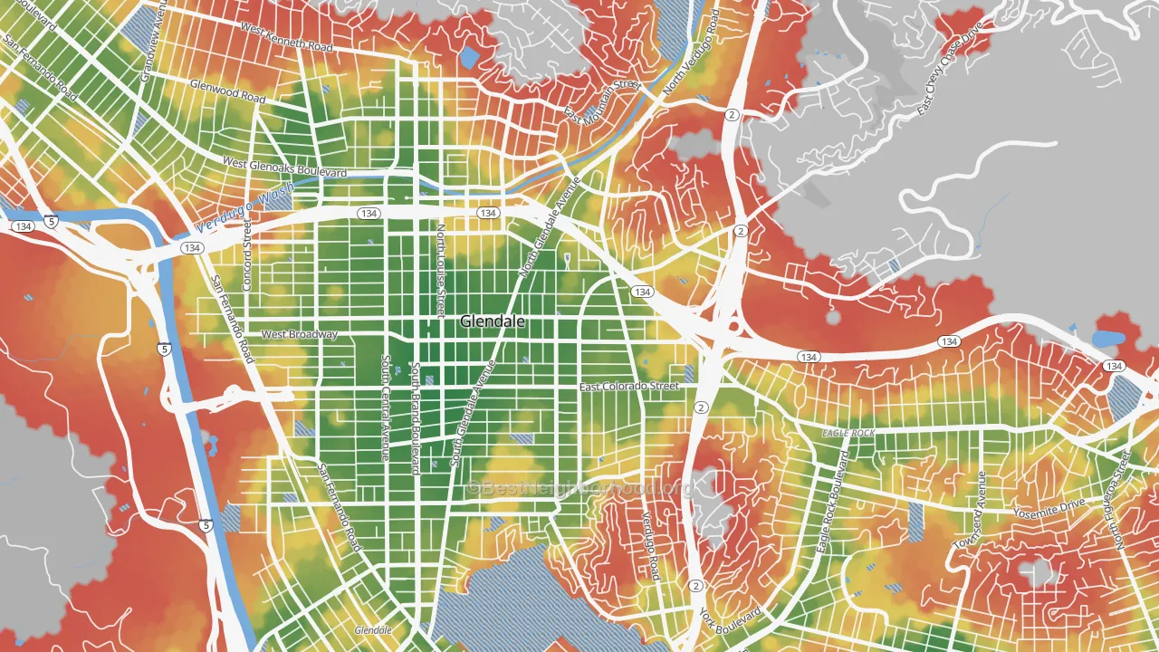Walk Grade map of Citrus Grove, Glendale, CA, walkable areas in green and car-dependent areas in red
