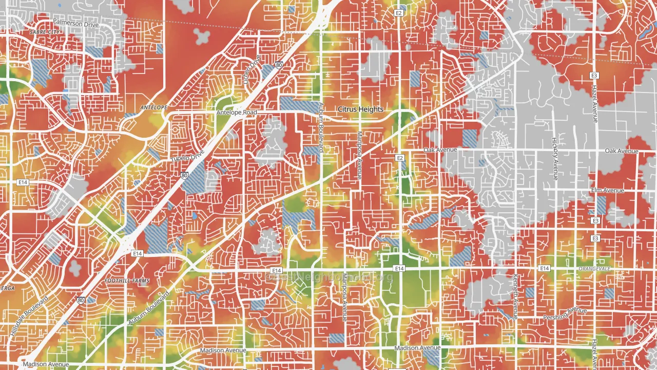 Walk Grade map of Citrus Heights, CA, walkable areas in green and car-dependent areas in red