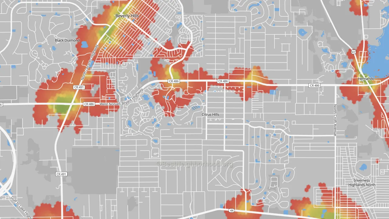 Walk Grade map of Citrus Hills, FL, walkable areas in green and car-dependent areas in red