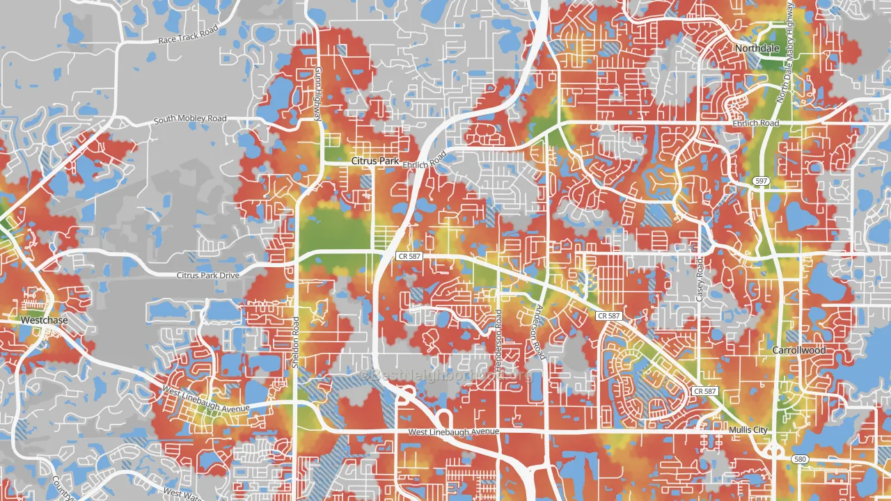 Walk Grade map of Citrus Park, FL, walkable areas in green and car-dependent areas in red