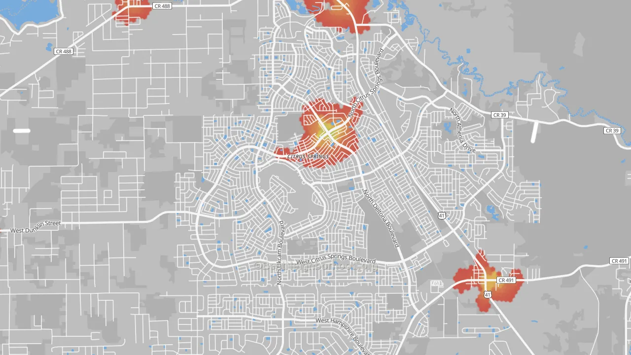 Walk Grade map of Citrus Springs, FL, walkable areas in green and car-dependent areas in red