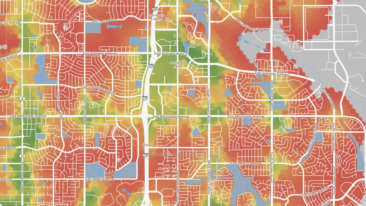 Walk Grade map of City Center, Aurora, CO, walkable areas in green and car-dependent areas in red