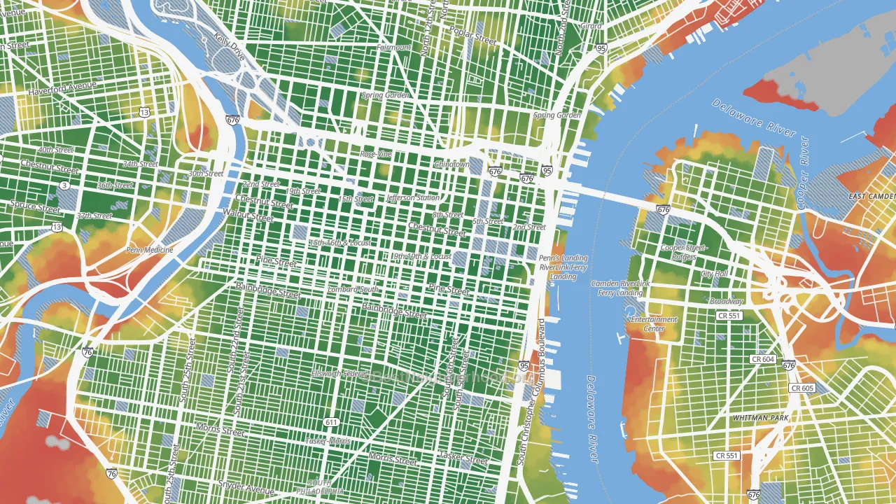 Walk Grade map of City Center East, Philadelphia, PA, walkable areas in green and car-dependent areas in red