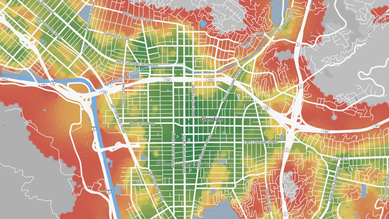 Walk Grade map of City Center, Glendale, CA, walkable areas in green and car-dependent areas in red