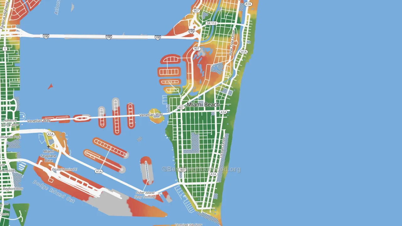 Walk Grade map of City Center, Miami Beach, FL, walkable areas in green and car-dependent areas in red