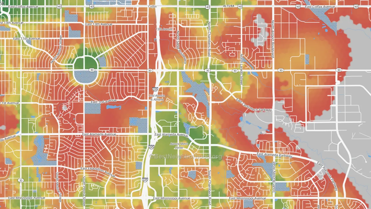 Walk Grade map of City Center North, Aurora, CO, walkable areas in green and car-dependent areas in red