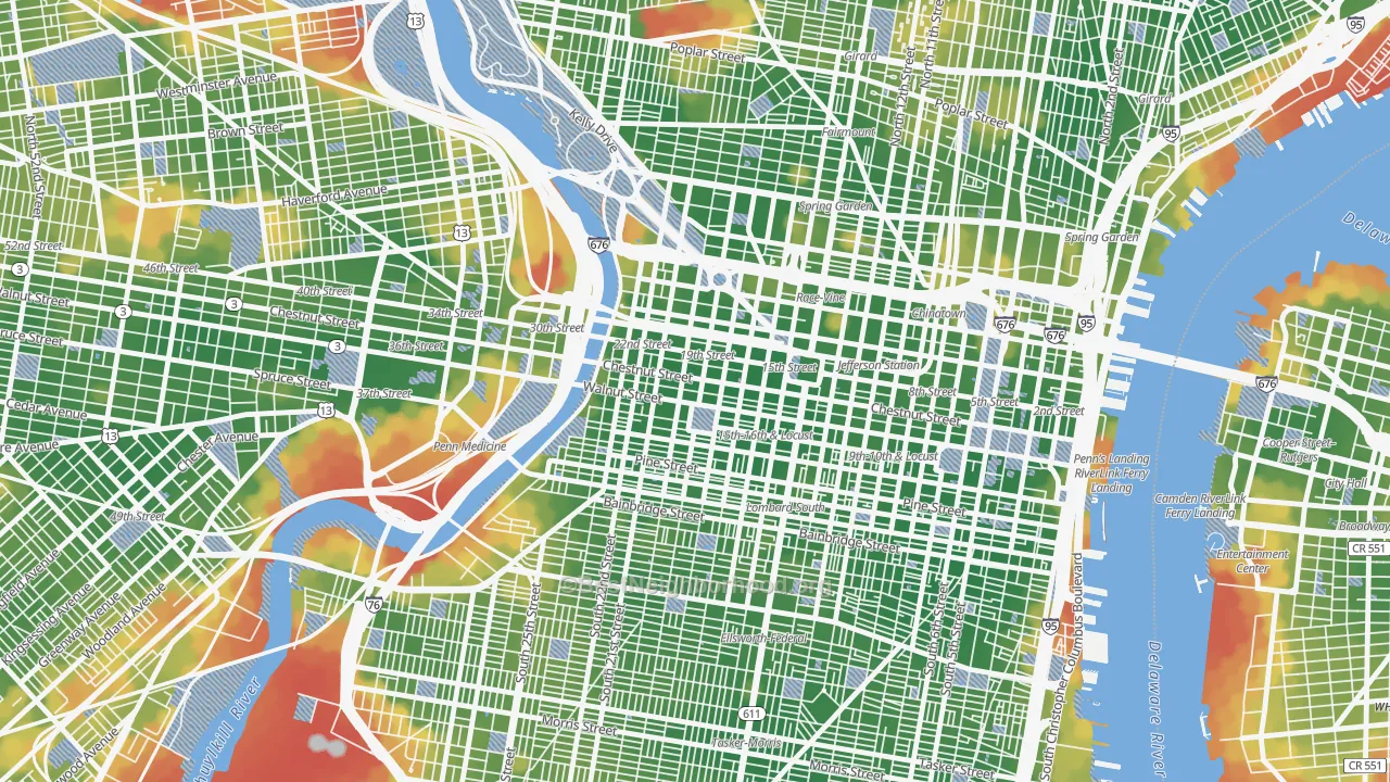 Walk Grade map of City Center West, Philadelphia, PA, walkable areas in green and car-dependent areas in red