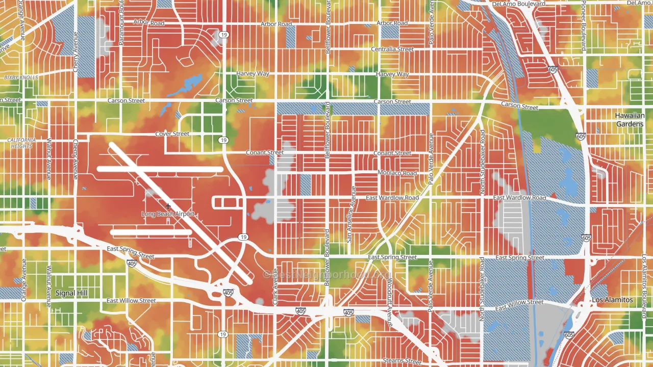 Walk Grade map of City College Area, Long Beach, CA, walkable areas in green and car-dependent areas in red