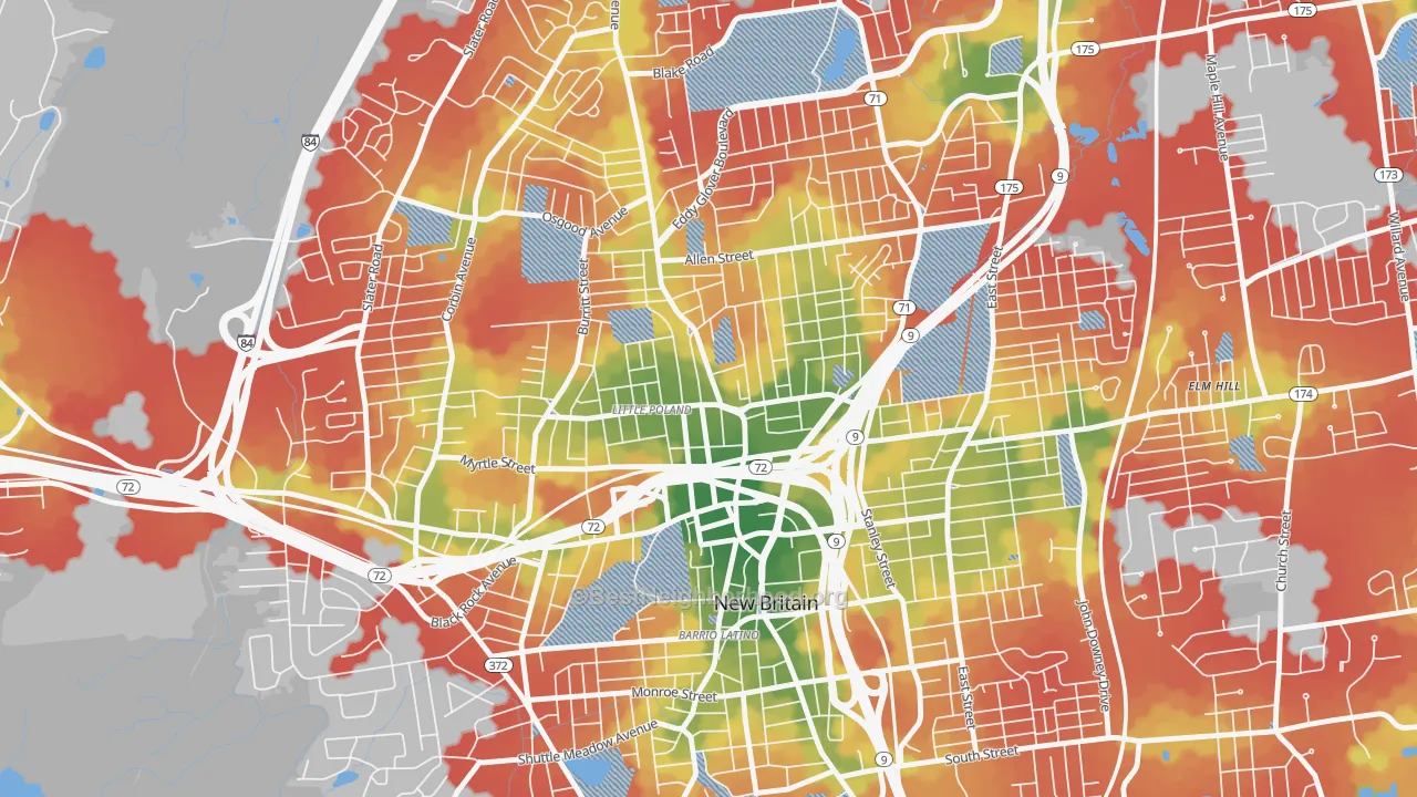 Walk Grade map of City Hall Monument District, New Britain, CT, walkable areas in green and car-dependent areas in red