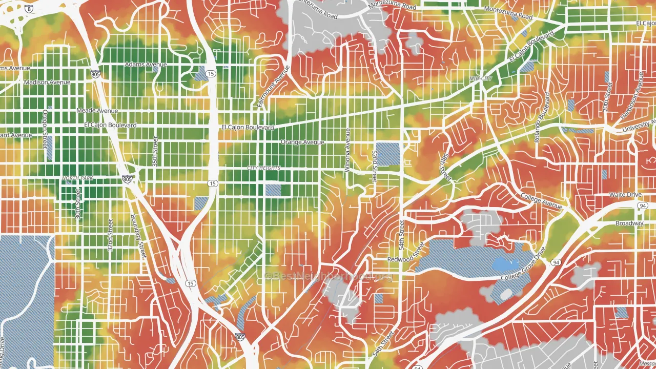 Walk Grade map of City Heights East, San Diego, CA, walkable areas in green and car-dependent areas in red