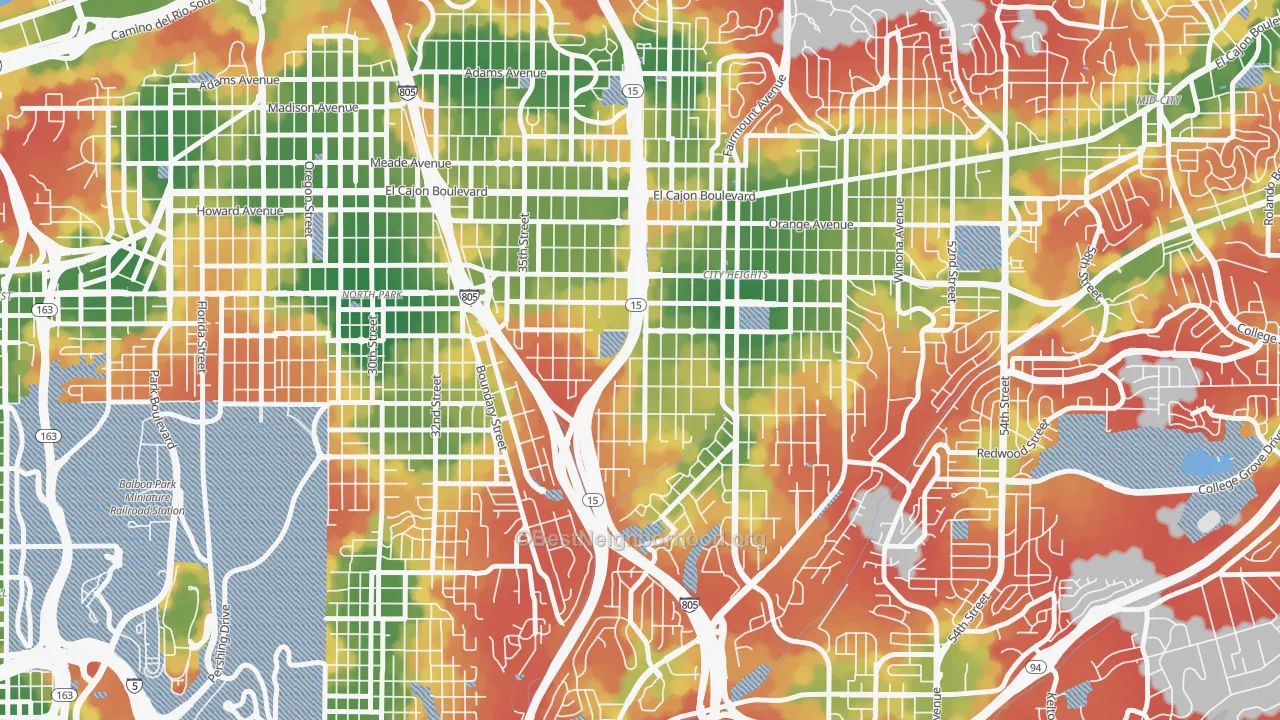 Walk Grade map of City Heights West, San Diego, CA, walkable areas in green and car-dependent areas in red