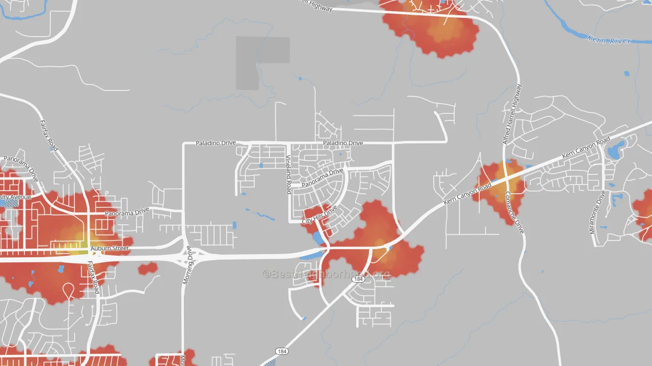 Walk Grade map of City in the Hills, Bakersfield, CA, walkable areas in green and car-dependent areas in red