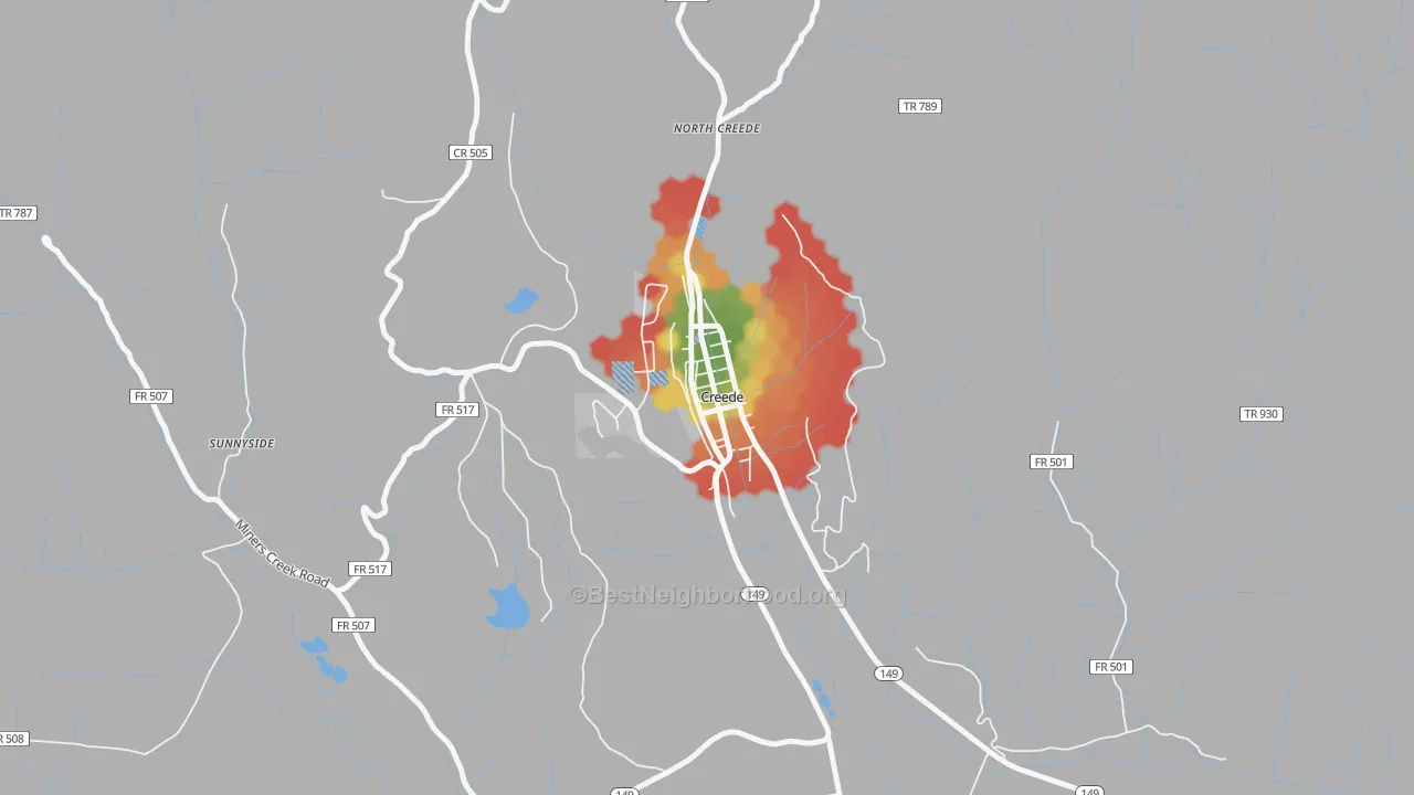 Walk Grade map of City of Creede, CO, walkable areas in green and car-dependent areas in red