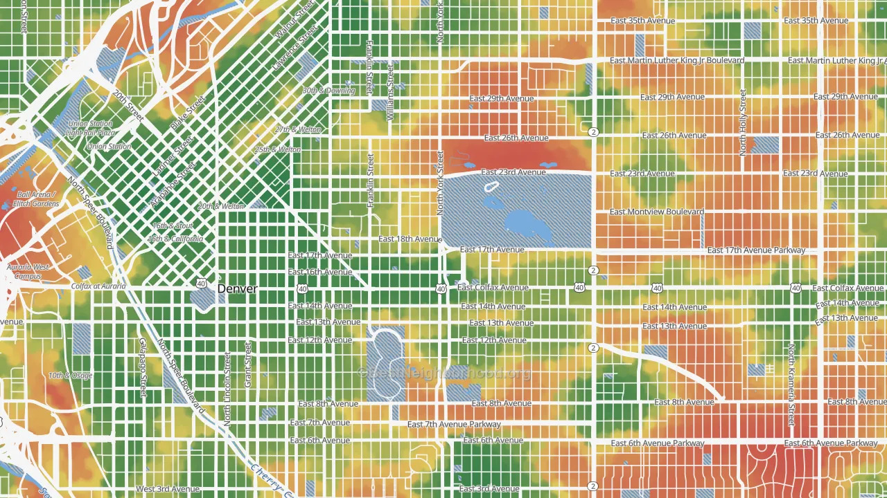 Walk Grade map of City Park, Denver, CO, walkable areas in green and car-dependent areas in red