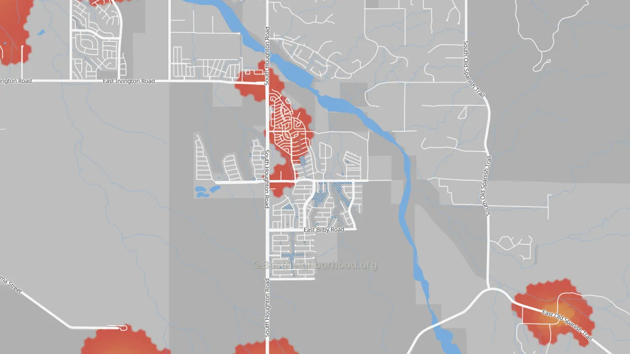 Walk Grade map of Civano, Tucson, AZ, walkable areas in green and car-dependent areas in red