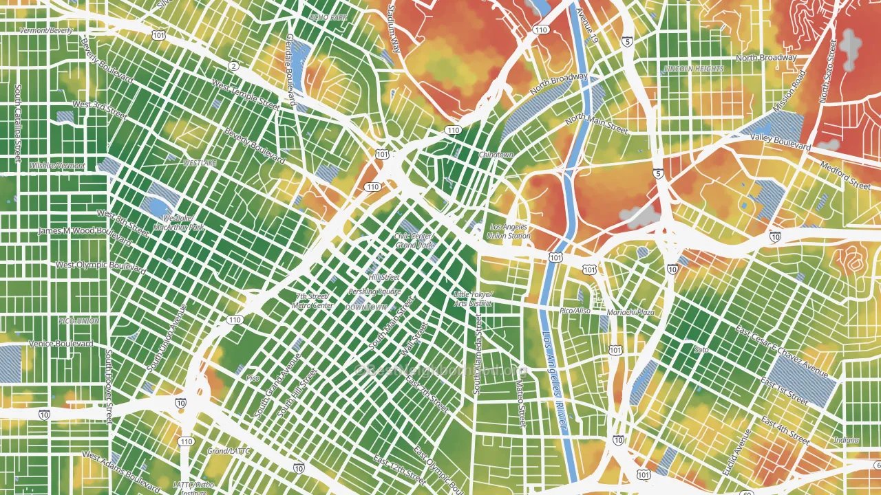 Walk Grade map of Civic Center Little Tokyo, Los Angeles, CA, walkable areas in green and car-dependent areas in red