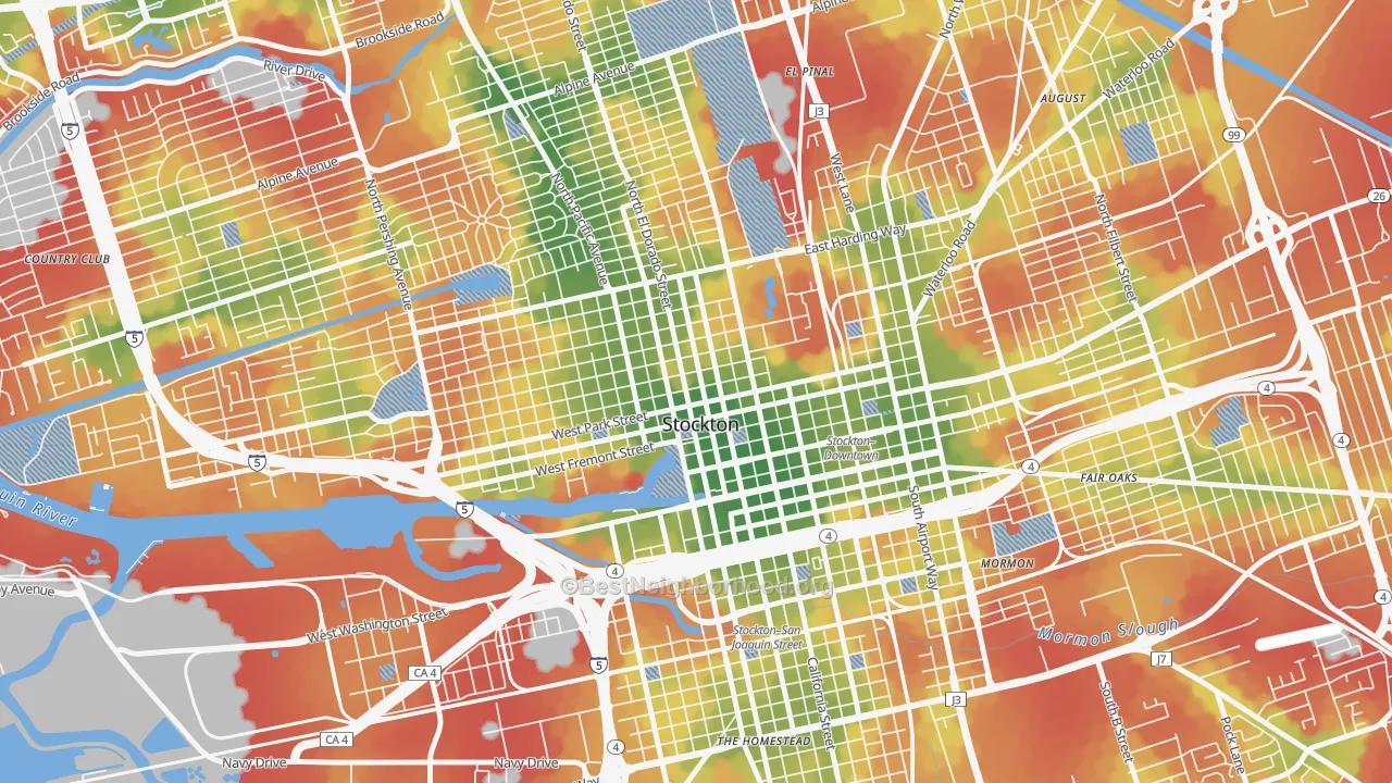 Walk Grade map of Civic Center, Stockton, CA, walkable areas in green and car-dependent areas in red