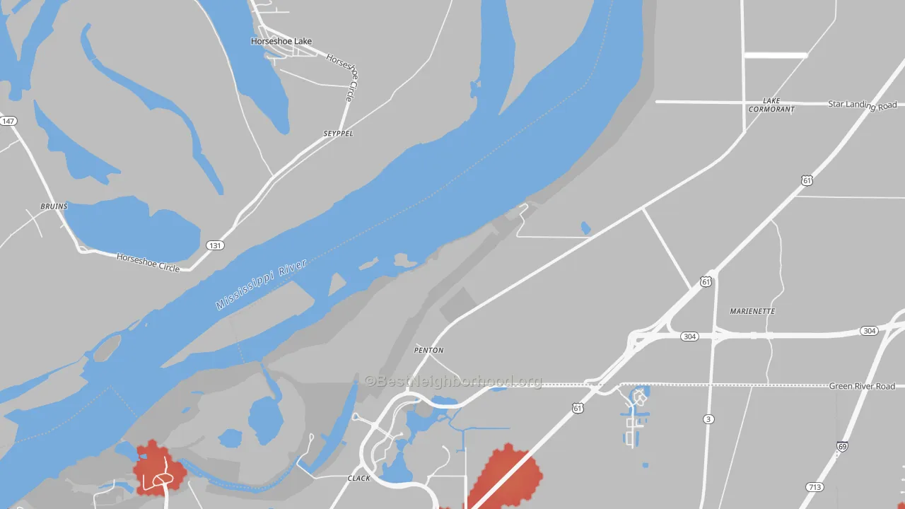 Walk Grade map of Clack, MS, walkable areas in green and car-dependent areas in red