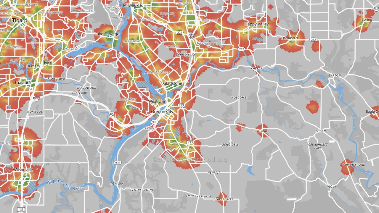 Walk Grade map of Clackamas County, OR, walkable areas in green and car-dependent areas in red