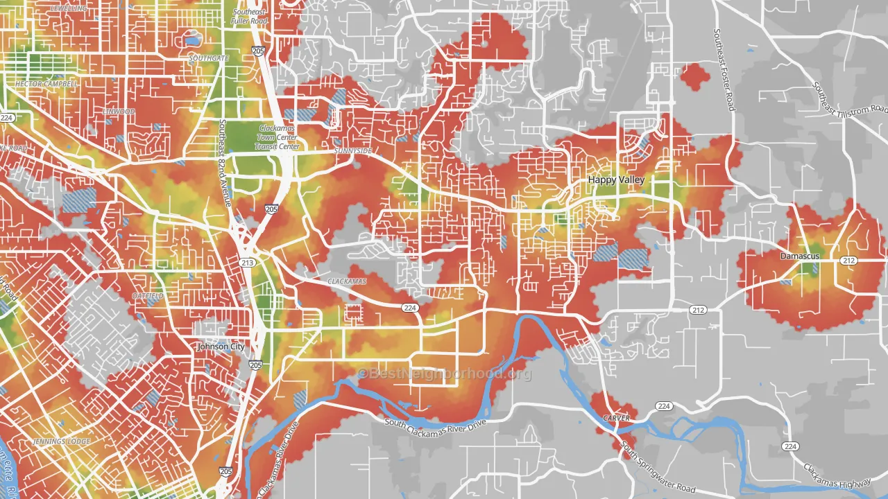 Walk Grade map of Clackamas, OR, walkable areas in green and car-dependent areas in red
