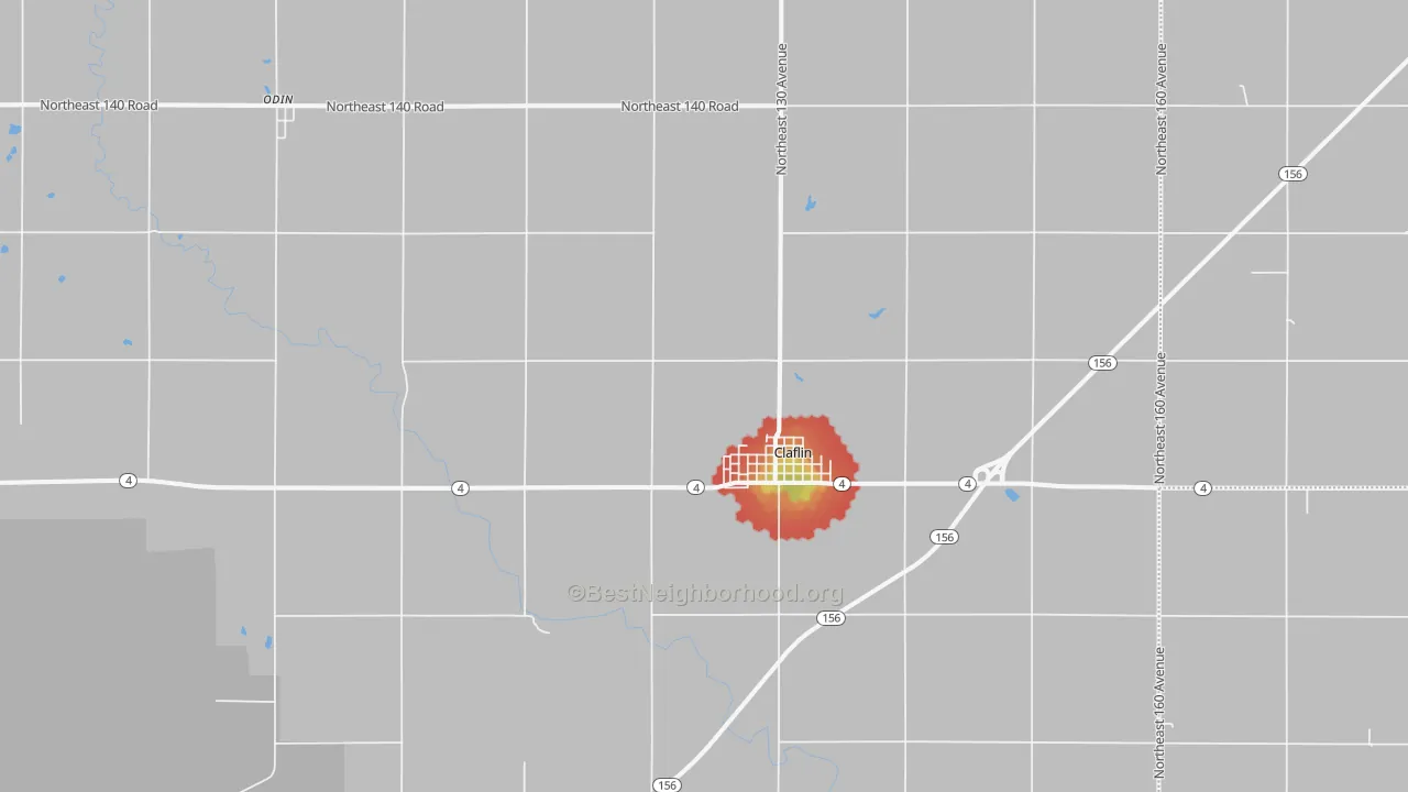 Walk Grade map of Claflin, KS, walkable areas in green and car-dependent areas in red