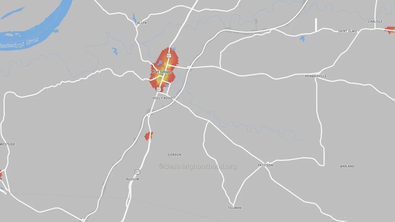 Walk Grade map of Claiborne County, MS, walkable areas in green and car-dependent areas in red