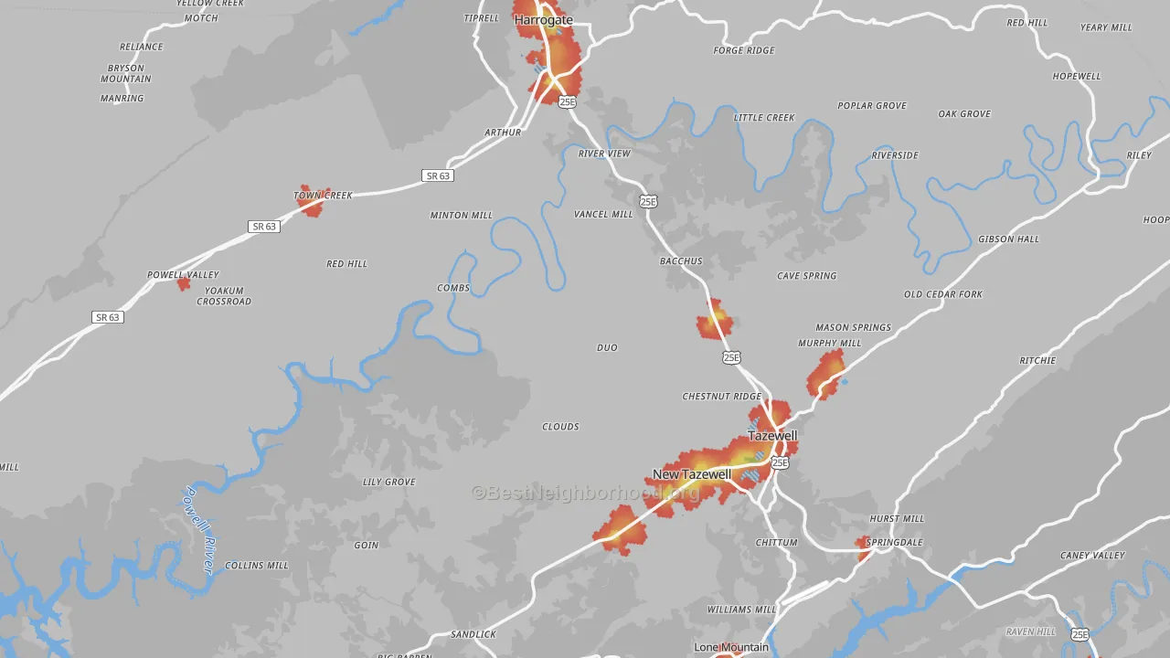 Walk Grade map of Claiborne County, TN, walkable areas in green and car-dependent areas in red