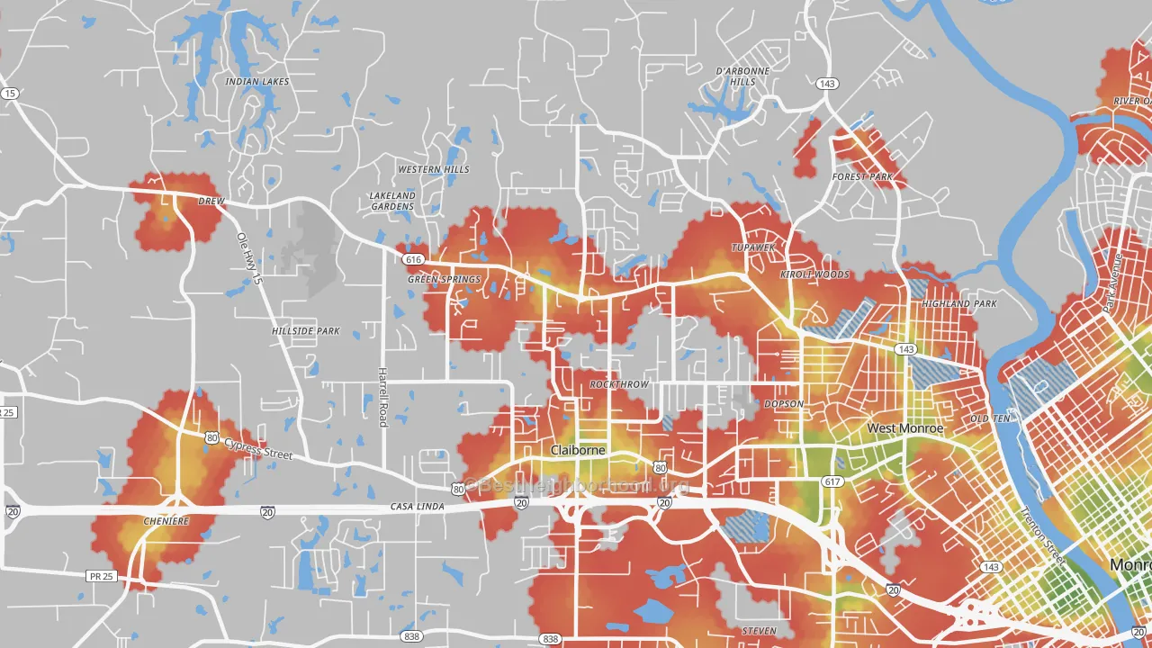 Walk Grade map of Claiborne, LA, walkable areas in green and car-dependent areas in red