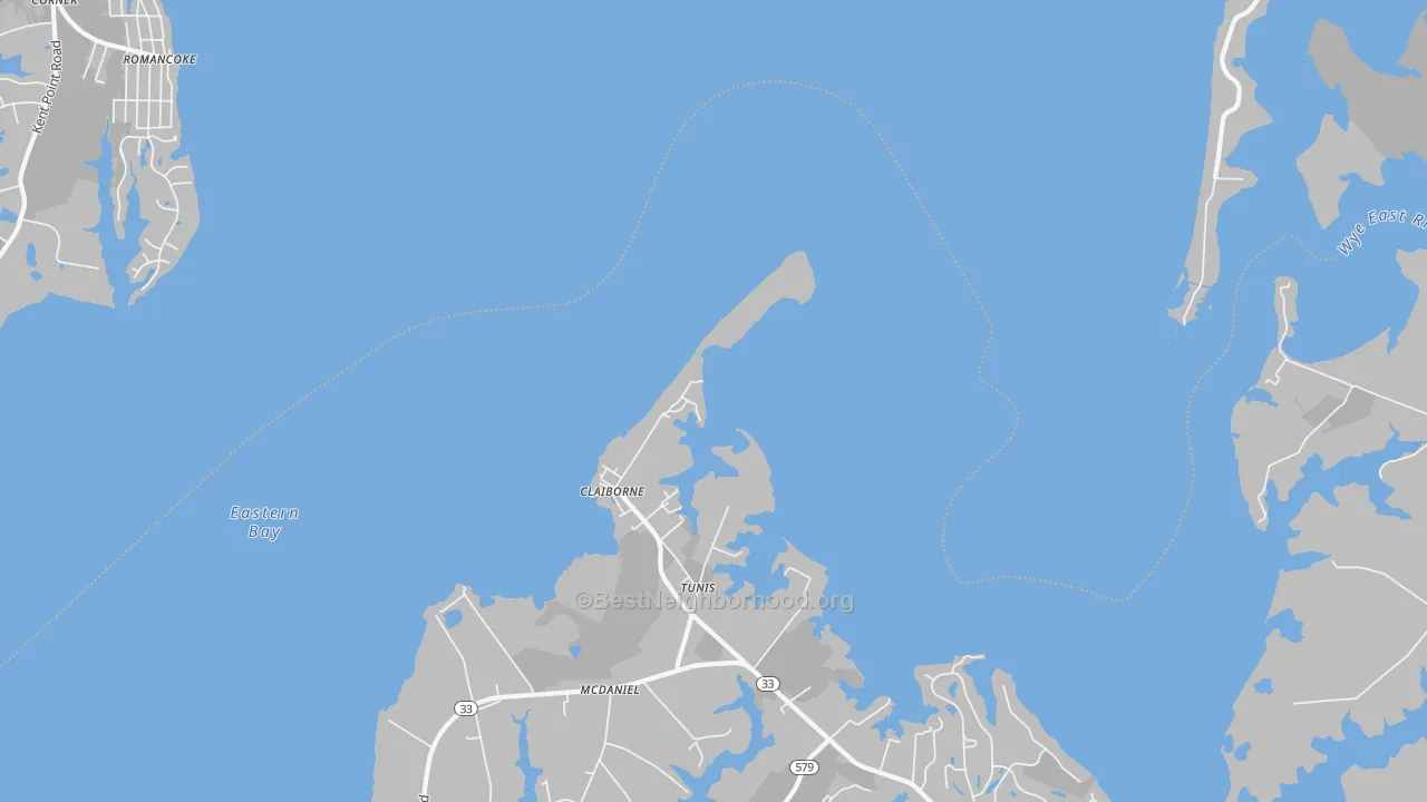 Walk Grade map of Claiborne, MD, walkable areas in green and car-dependent areas in red