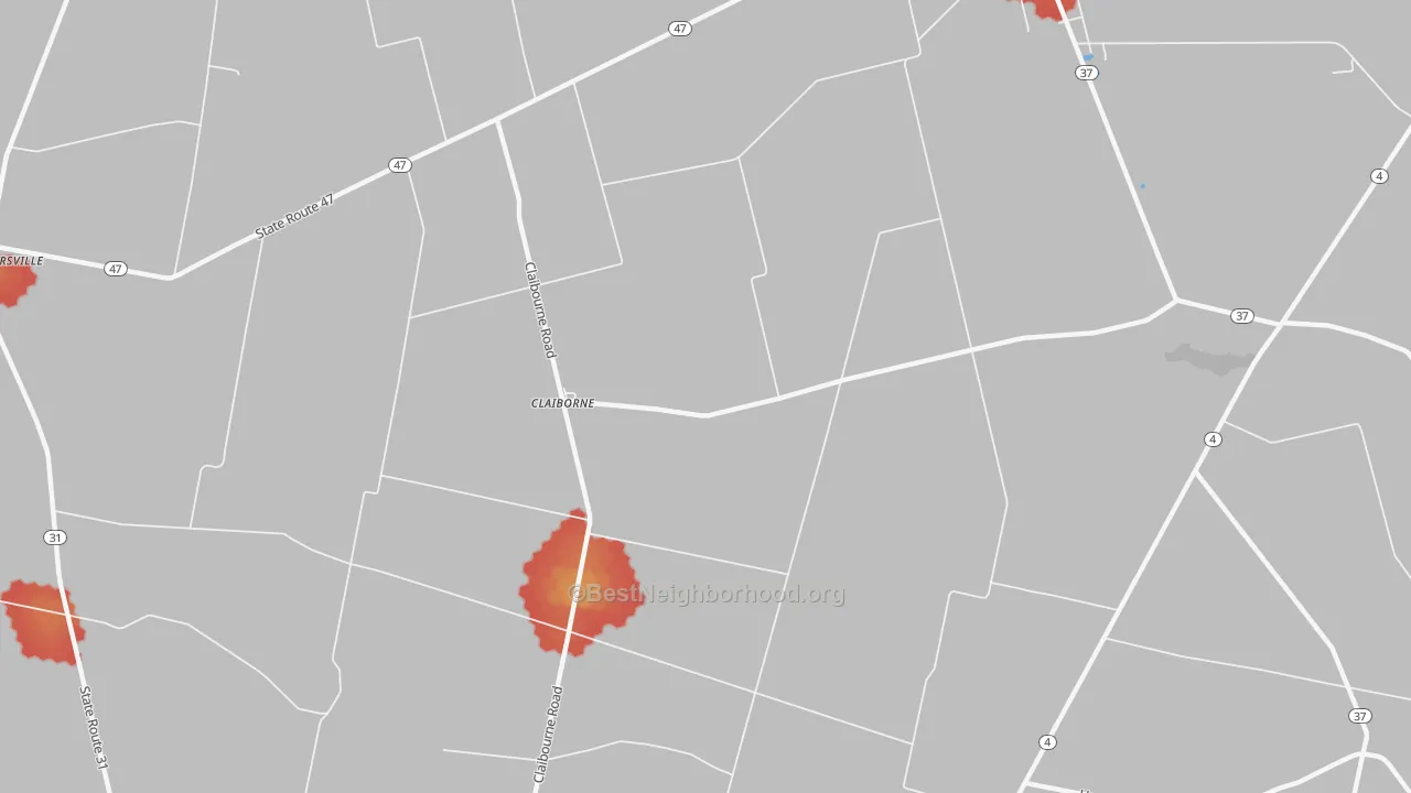 Walk Grade map of Claiborne, OH, walkable areas in green and car-dependent areas in red