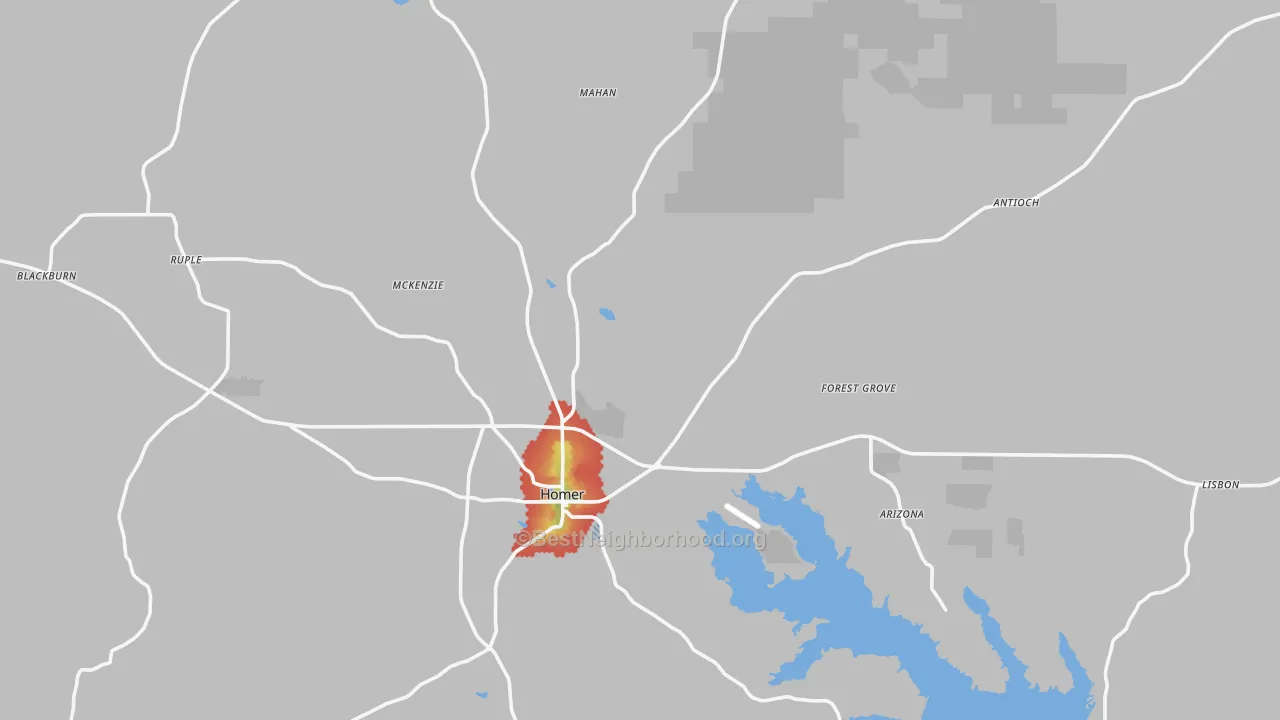 Walk Grade map of Claiborne Parish, LA, walkable areas in green and car-dependent areas in red