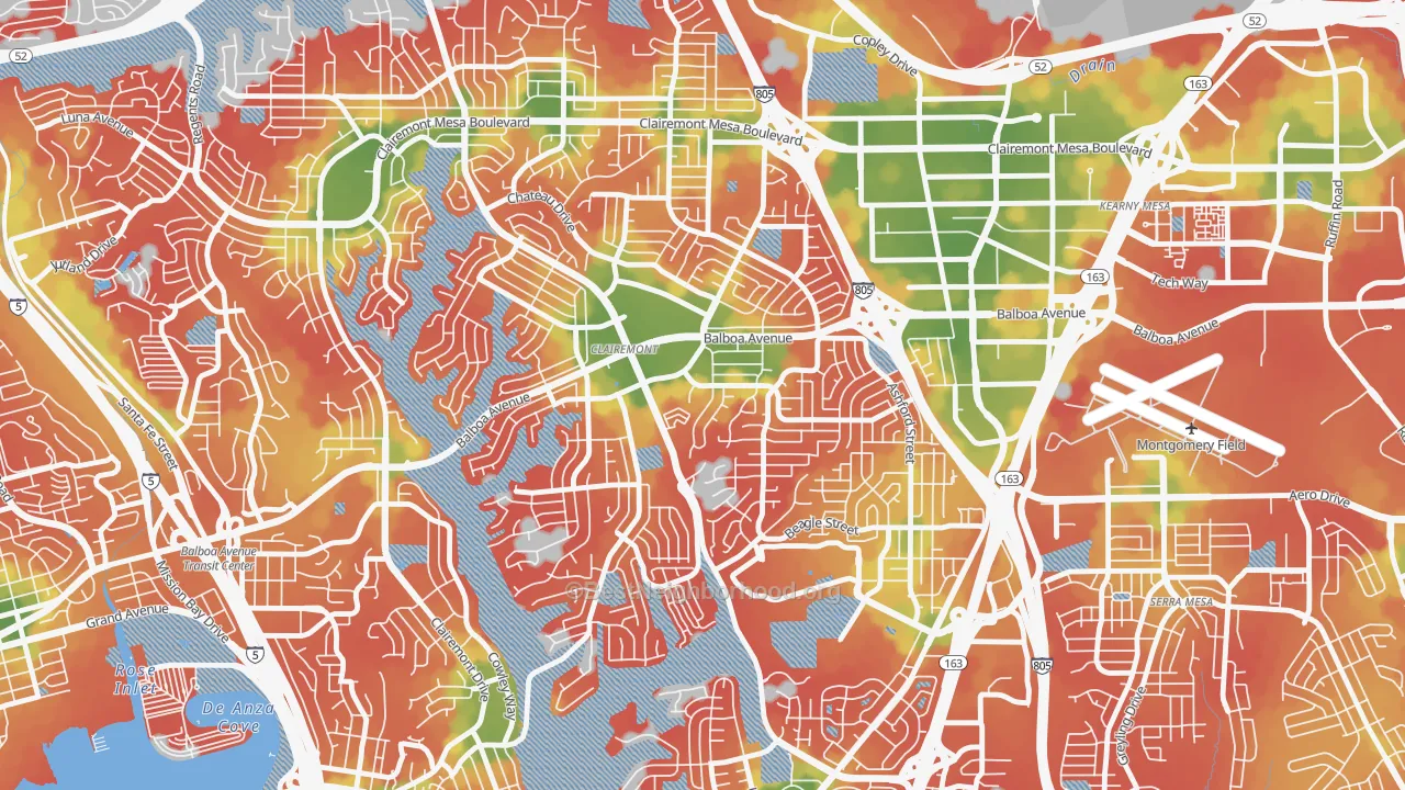 Walk Grade map of Clairemont Mesa, San Diego, CA, walkable areas in green and car-dependent areas in red