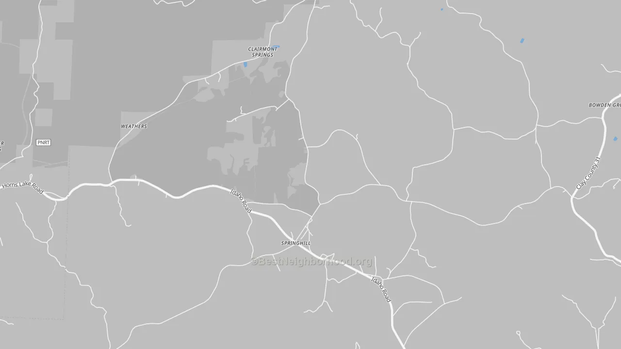 Walk Grade map of Clairmont Springs, AL, walkable areas in green and car-dependent areas in red